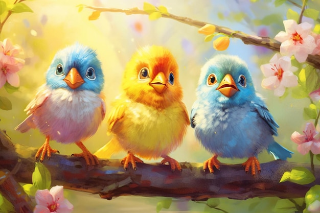 Premium AI Image | Three little birds sitting on a branch with flowers ...