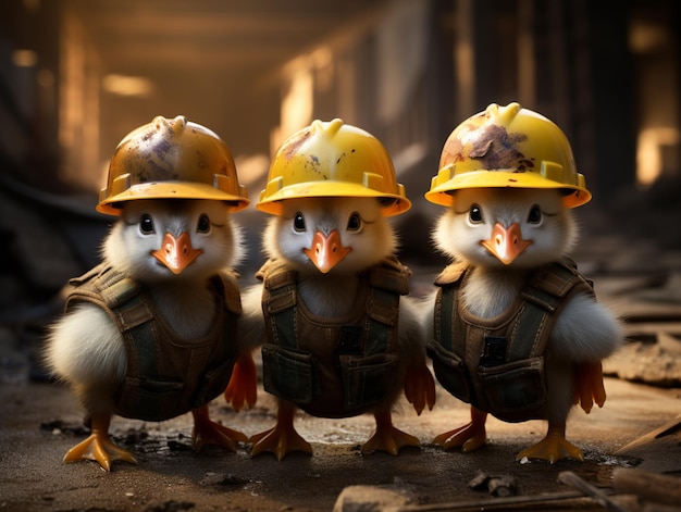 three little birds wearing hard hats and overalls standing in a room generative ai