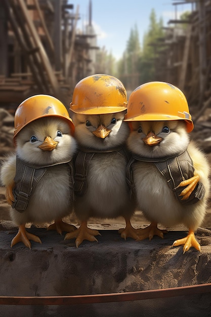 three little birds wearing hard hats sitting on a piece of wood generative ai