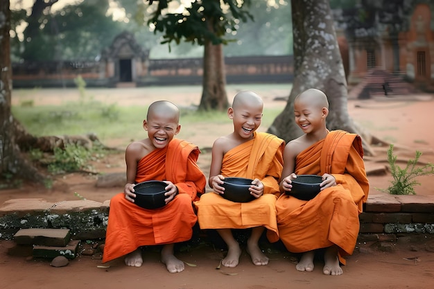 Three little Buddhist monks in rural area