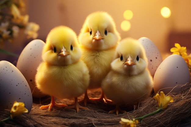 Three little chickens are sitting in a basket with Easter eggs