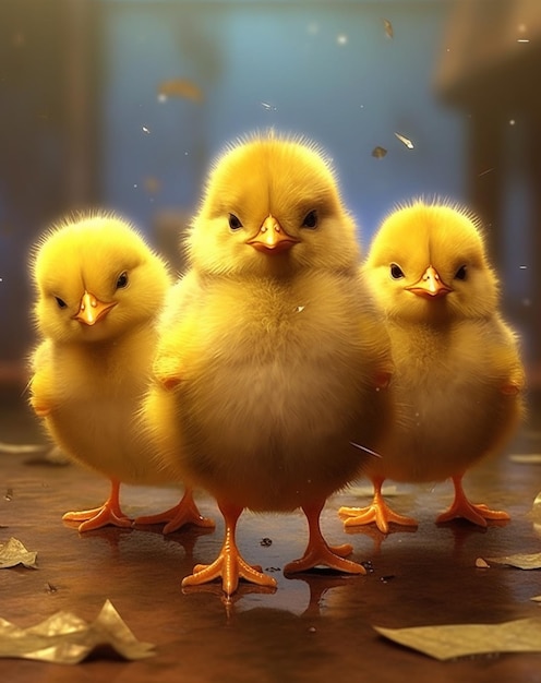 three little chickens are standing together, one of which is yellow.