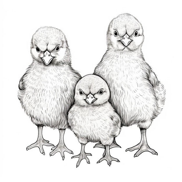 three little chicks are standing next to each other on a white background generative ai