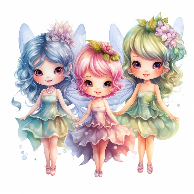 カラフルな髪と花冠を持つ 3 人の小さな妖精の女の子の生成 ai