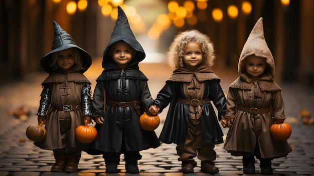 three little girls dressed in halloween costumes holding pumpkins Generative AI