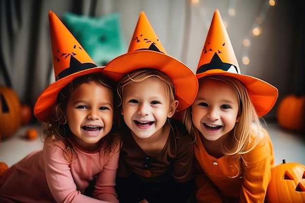 Three little girls dressed up in halloween costumes Joyful smiles of children on the eve of the holiday Festive costume Jack lantern