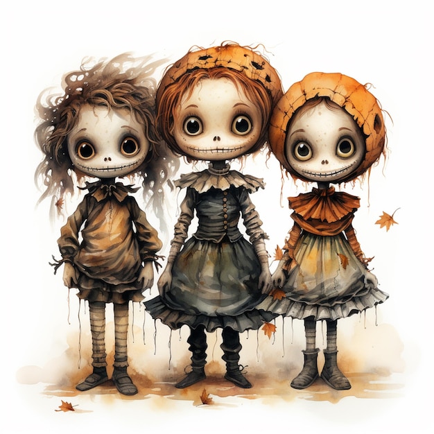 three little girls dressed up in halloween costumes standing next to each other generative ai