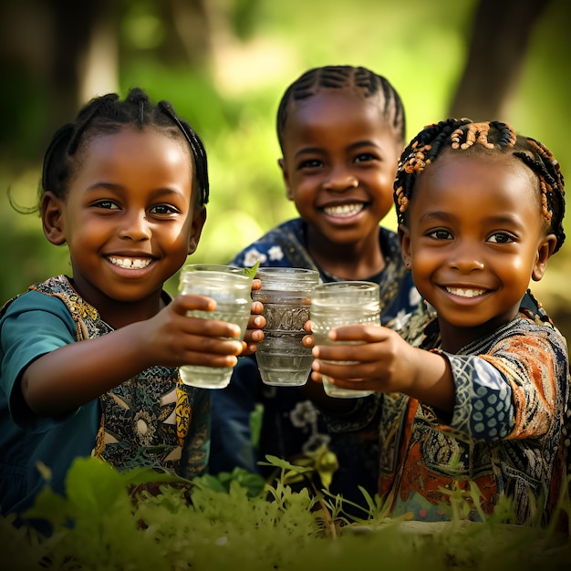 Photo three little girls holding water glasses in their hands.