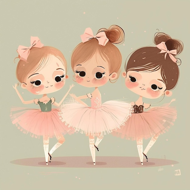 Three little girls in pink tutuss are dancing together generative ai