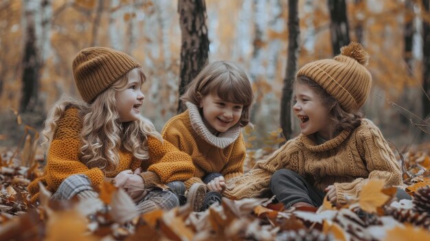 Three little girls sitting amidst a sea of fallen leaves in a magical autumn scene