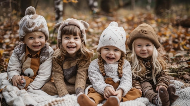 Three little girls sitting on a cozy blanket in the woods surrounded by trees and nature