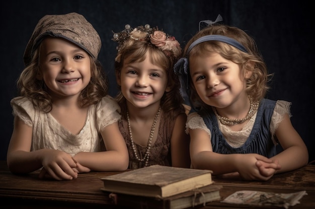 Three little girls sitting at a desk with a book in front of them