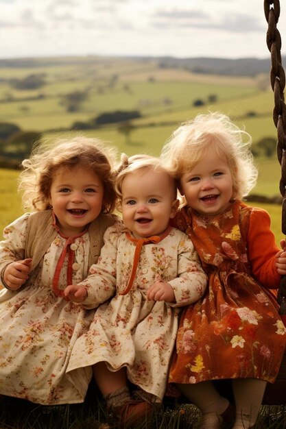 写真 野原のブランコに座っている 3 人の女の子