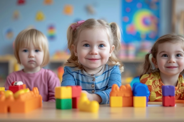 テーブル に 座っ て ブロック で 遊ん で いる 3 人 の 小さな 女の子