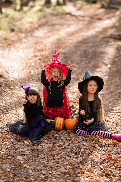 Three little girls in witch costumes laugh conjure walk through autumn forest  halloween concept