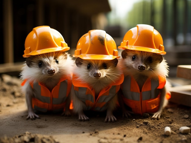 three little hamsters wearing hard hats and vests sitting on a pile of dirt generative ai