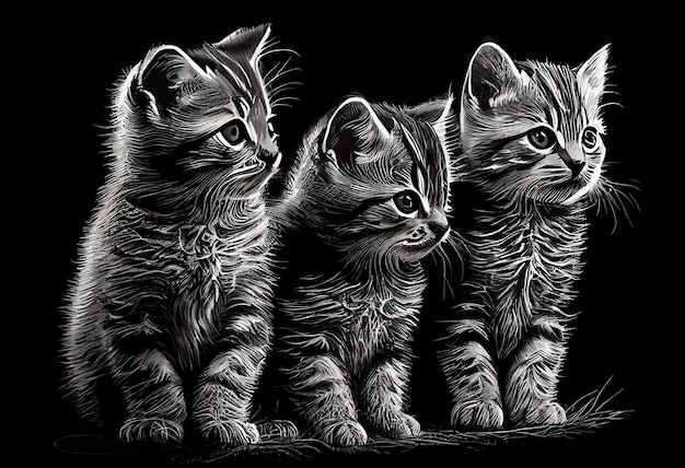 Three little kittens on a black background Generative AI