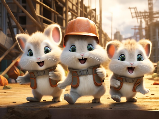 three little mice are standing on a wooden platform with construction equipment generative ai