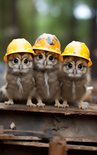 three little owls wearing hard hats sitting on a wooden platform generative ai