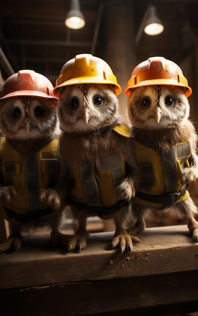 three little owls wearing hard hats and vests on a table generative ai