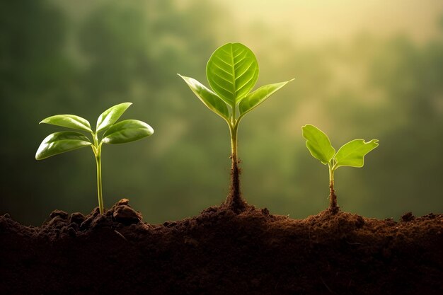 Three little plants grow out of the ground close up The concept of growth in business Generative AI