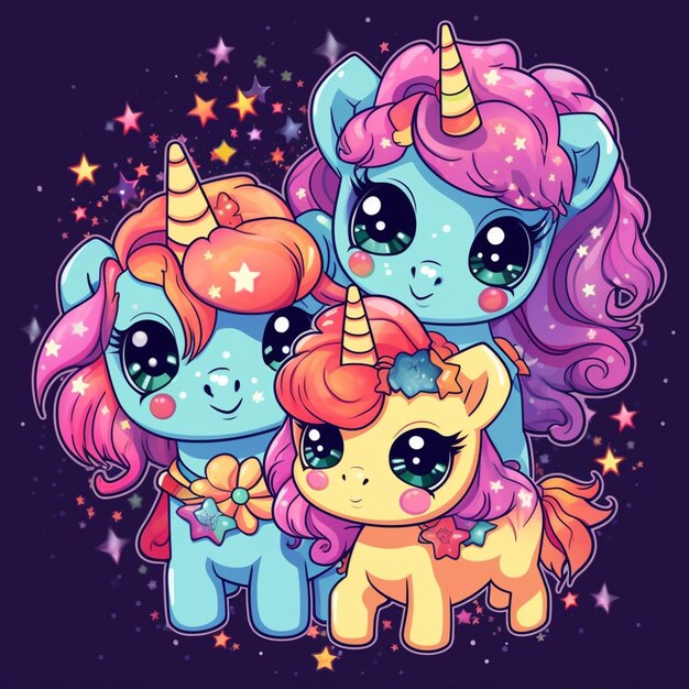 Three little pony with stars and a rainbow mane generative ai