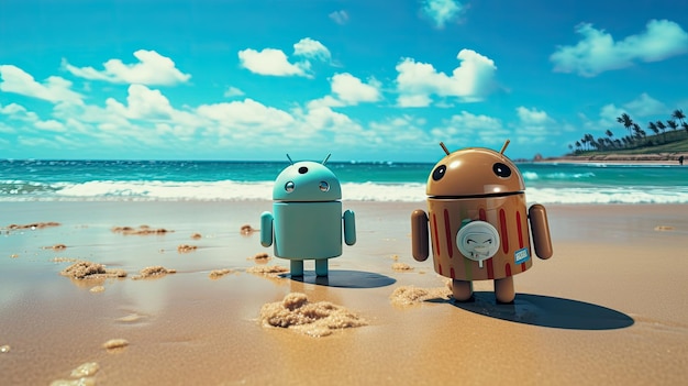 Three Little Robots Sitting in the Sand on the Beach