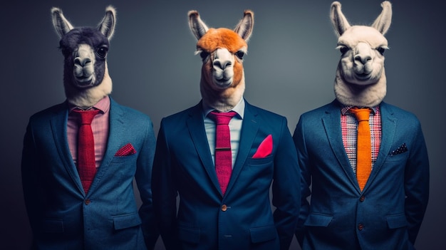 Three llamas wearing suits and a shirt that says llama.