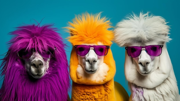 Three llamas wearing sunglasses and a purple hat