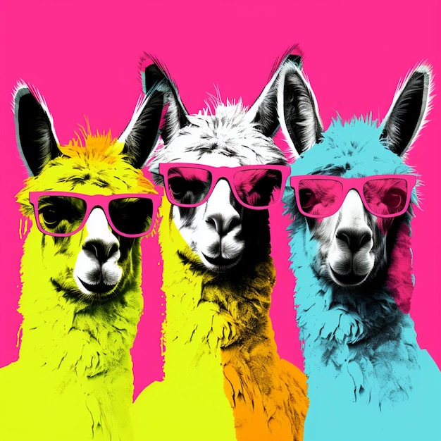 Three llamas wearing sunglasses and shades on a pink background generative ai