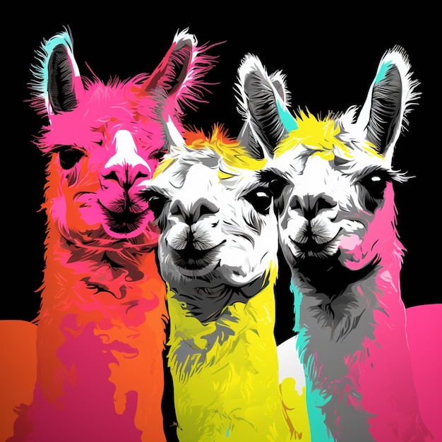 Foto tre lama con colori diversi sui loro volti sono in piedi insieme generativo ai