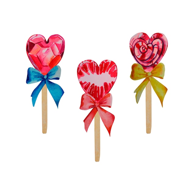 Three lollipops on a stick Watercolor illustration valentine's day Candy Sweets