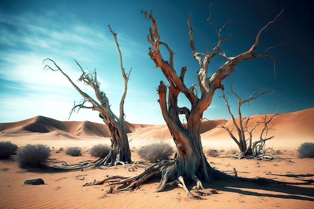 Three lonely driedup tree trunks in sand dunes of desert