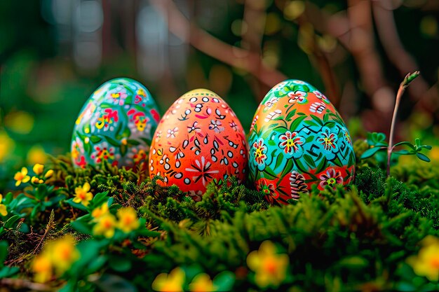 Three lovely Easter eggs arranged among the moss