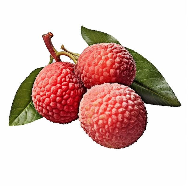 Three lychee fruit with leaves on a white background