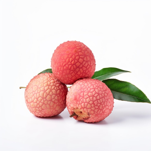 Three lychee fruits with green leaves on a white background.