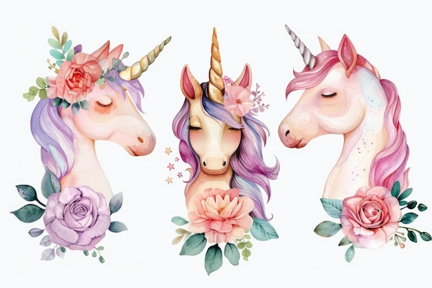 Foto tre unicorni magici con fiori colorati sulla testa perfetti per libri per bambini o disegni a tema fantasy