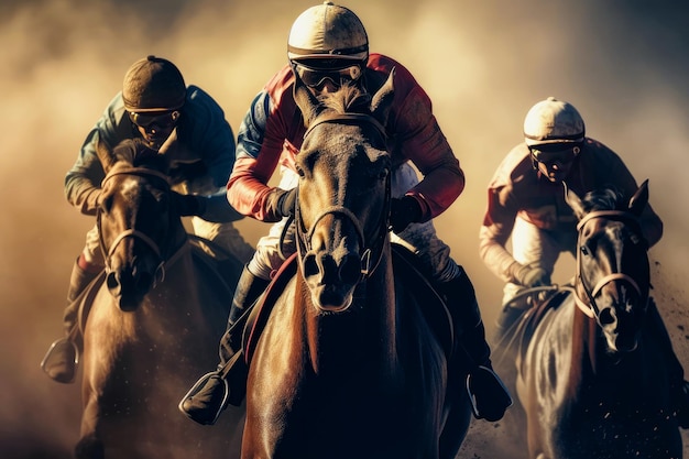 馬に乗る 3 人の男性騎手 競馬場で競い合うレーサー 塵を背景に ジェネレーティブ AI