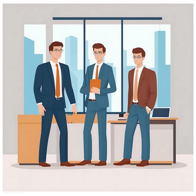 three man Standing In Front Of A office With A Laptop illustration AI generated image