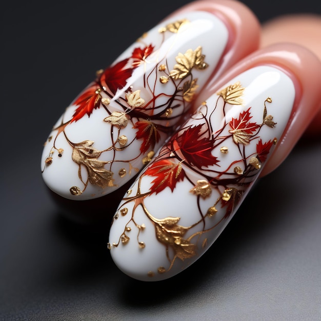 three manicures with red leaves and gold leaves on them