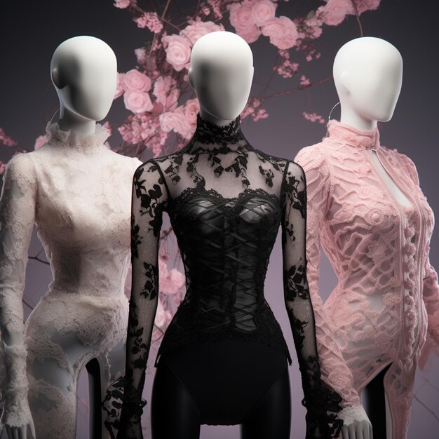 Photo three mannequins dressed in black and pink are standing in front of a cherry tree generative ai