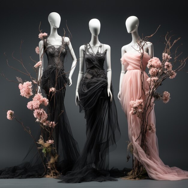 three mannequins dressed in black and pink dresses with flowers generative ai