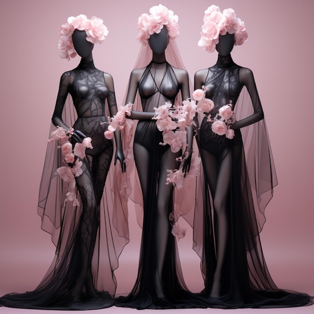 three mannequins dressed in black with flowers and veils generative ai