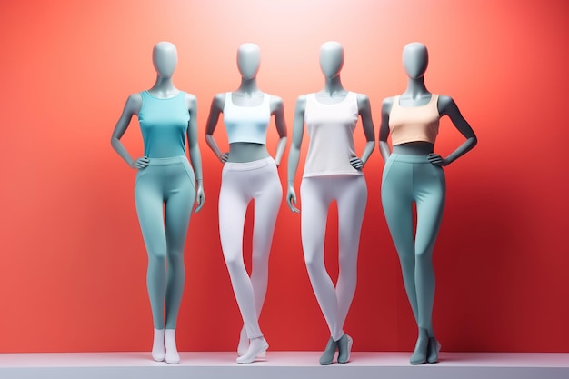 Three mannequins in a storefront with one wearing a blue tank top and the other wearing a pink tank top.