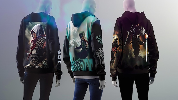 Photo three mannequins wearing jackets with the word  t - shirt  on it