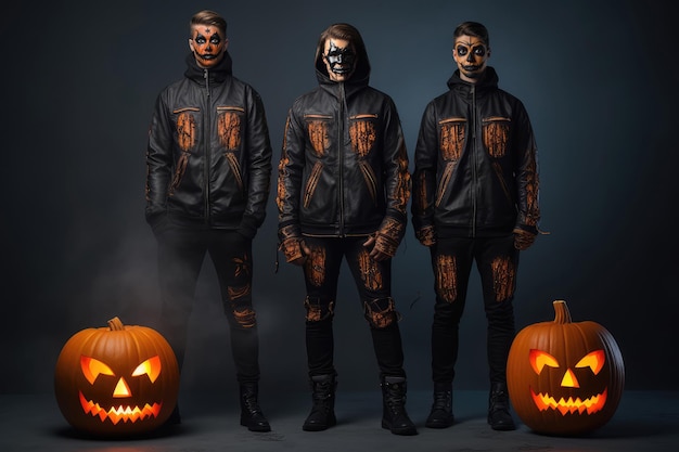 Three mans in Halloween costumes posing with pumpkins on dark background