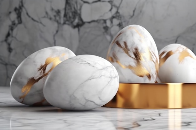 Three marble eggs with gold rims on a marble table