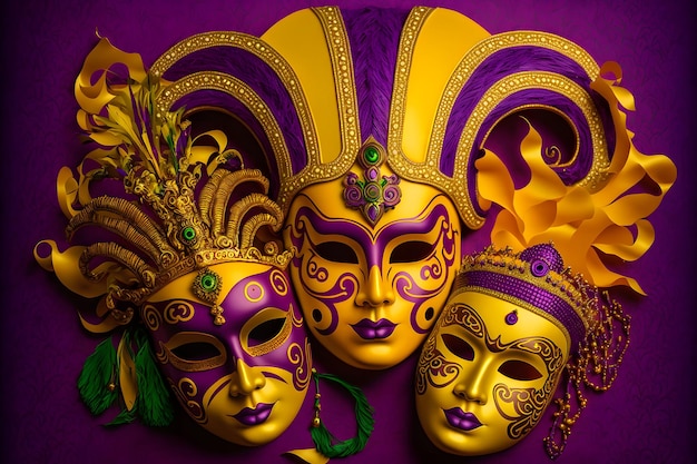 Three masks are displayed with green beads and gold beads.