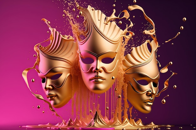 Three Masquerade golden and magenta carnival masks with sparks splash