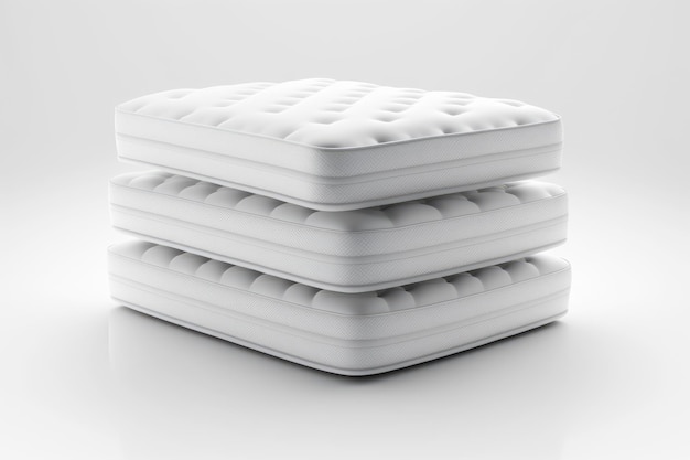 Three mattresses stacked on top of each other on white surface with white background Generative AI